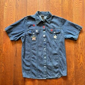 Vtg 90s Patriotic Denim Shirt Patchwork Women’s Sz S Blue Button Front USA